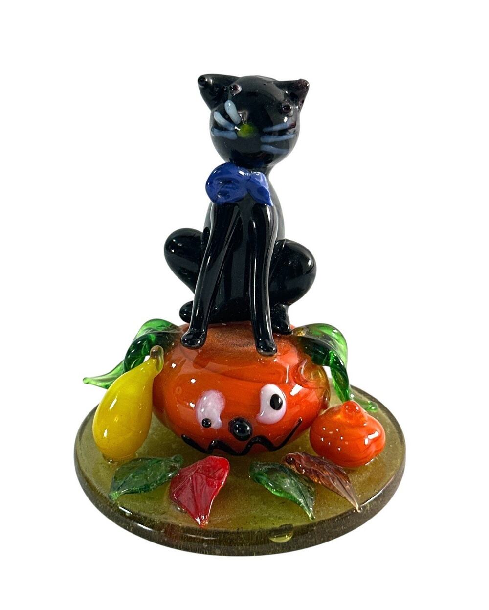 Art Glass Black Cat Pumpkin Figurine Halloween Fall Leaves Gourds 3” READ